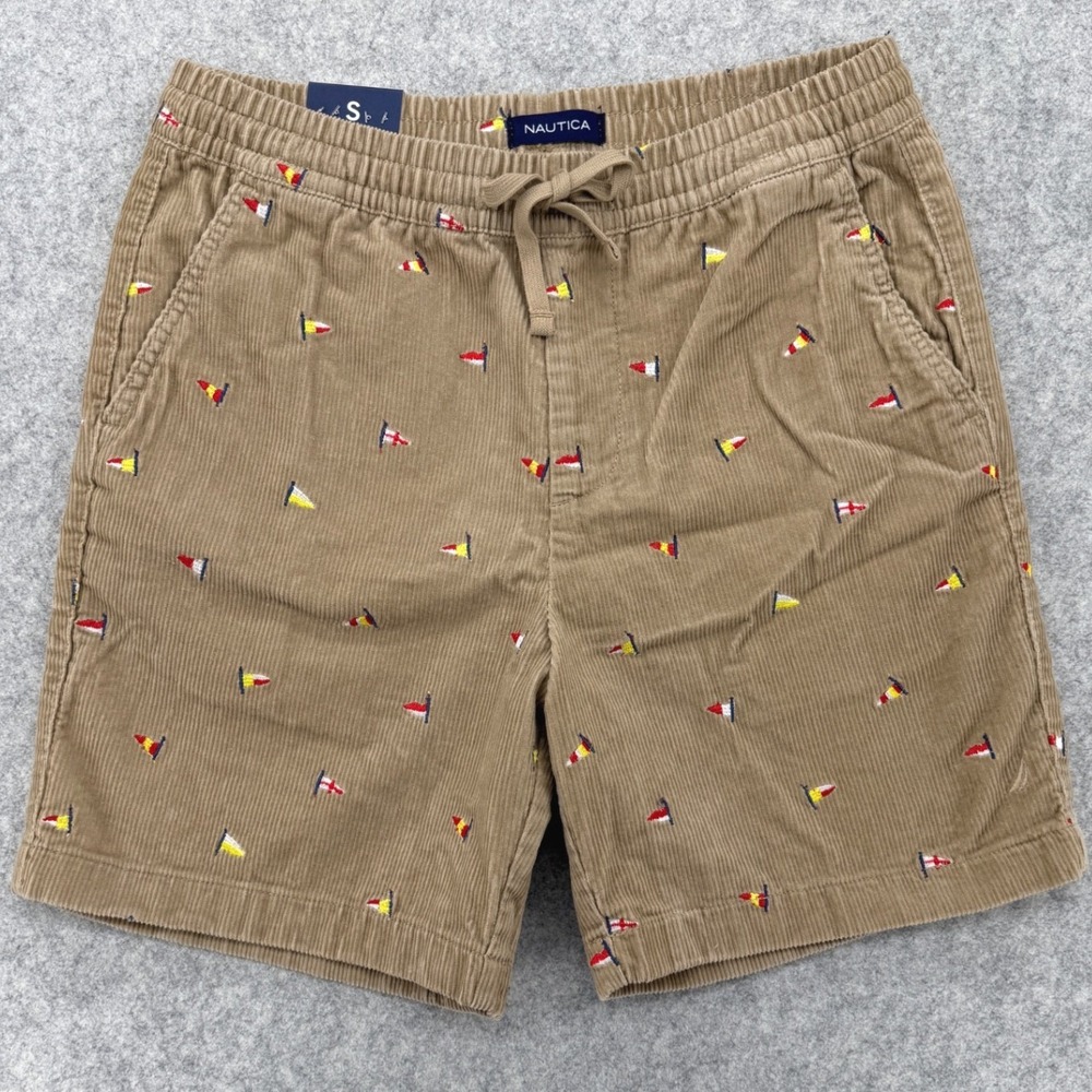 Nautica Corduroy Shorts Mens S Tan Flag Embroidered Classic Preppy Summer NWT